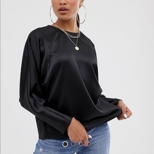 ASOS DESIGN Satin Batwing Top with Wrap Back - Black - US 12 - $48
